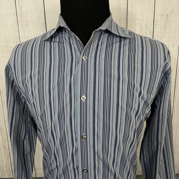 Johnston & Murphy Men's Large Blue Striped Contrast Cuff Button-Front Shirt - Picture 1 of 6
